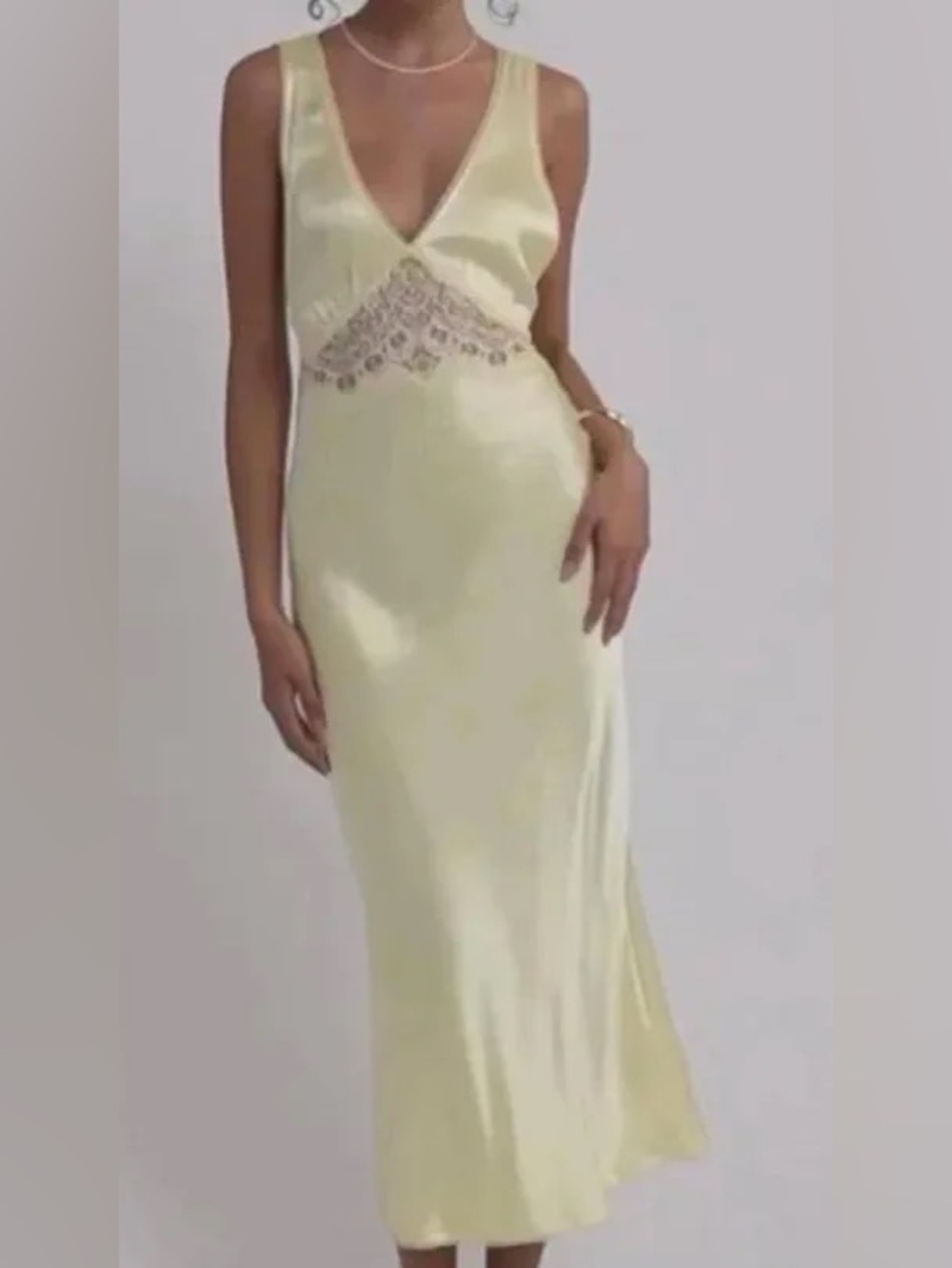 Rumored Vanity Midi Dress in Butter Yellow Satin Slip Dress with Lace Detail